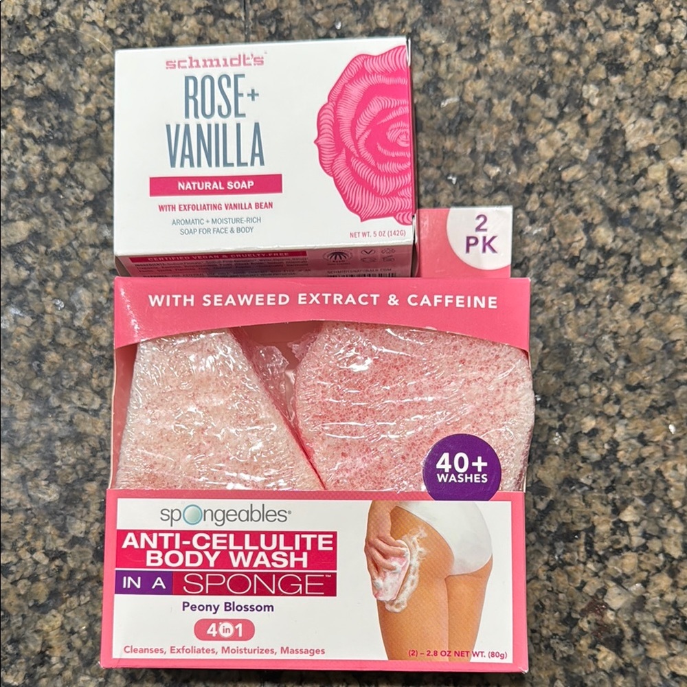 NIB Spongeables Anti-Cellulite and Schmidt’s Rose Vanilla Soap Bar